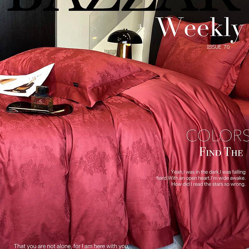 高级100S长绒棉提花结婚四件套红色全棉喜被套纯棉婚嫁床上用品4