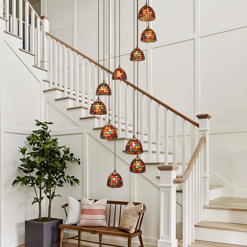 美式古复式楼别墅宿长吊灯复民loft公璃寓楼梯间彩674色玻装饰吊