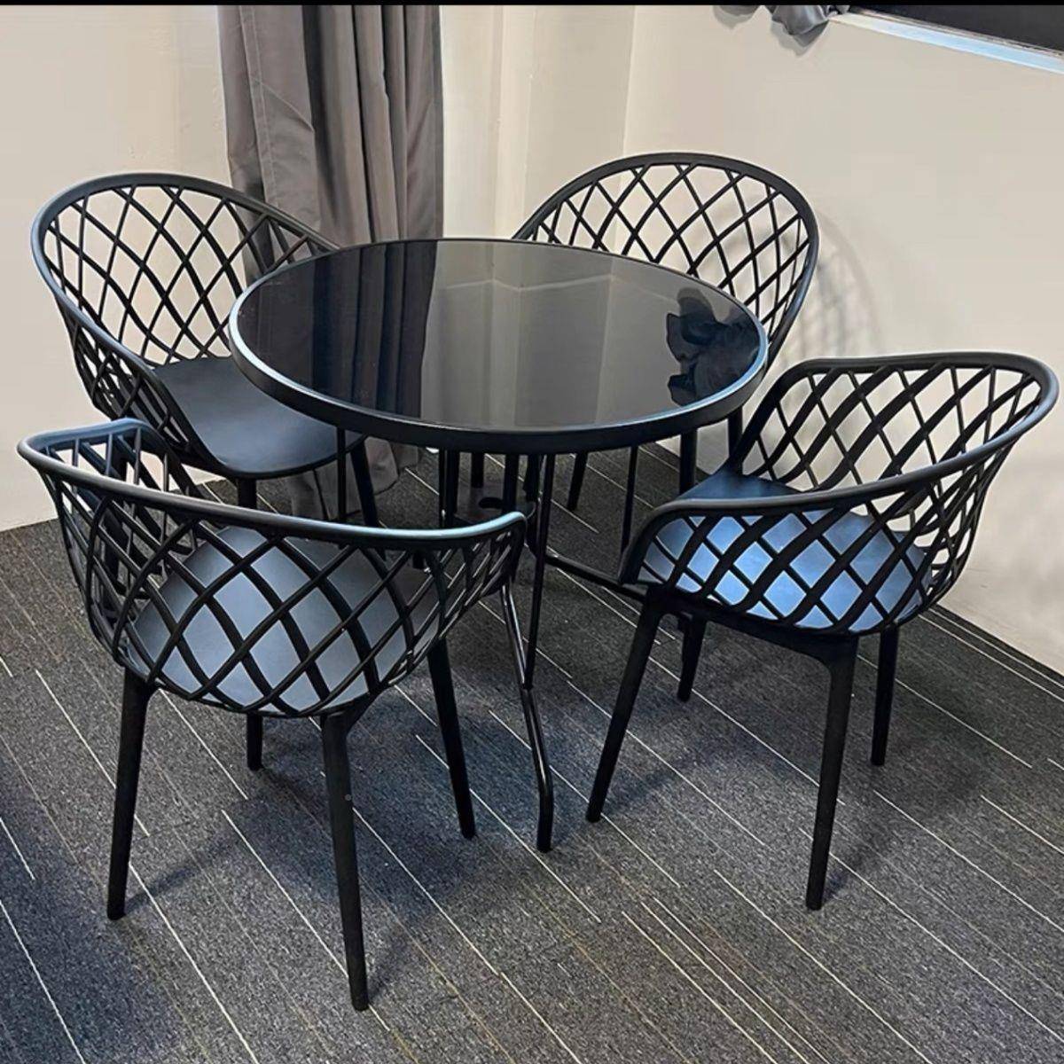 简约息碳钢小圆桌组合阳休台闲洽LL456椅谈桌休区户外奶茶店室外