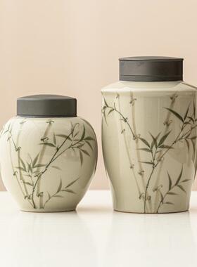 翠绿文竹茶叶精品高档家密封中式合金盖罐存用茶罐罐陶瓷储物23JS