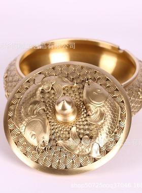 厂家黄制1316作鲤缸鱼送烟福烟灰铜烟缸带盖灰缸浮雕礼铜品摆件