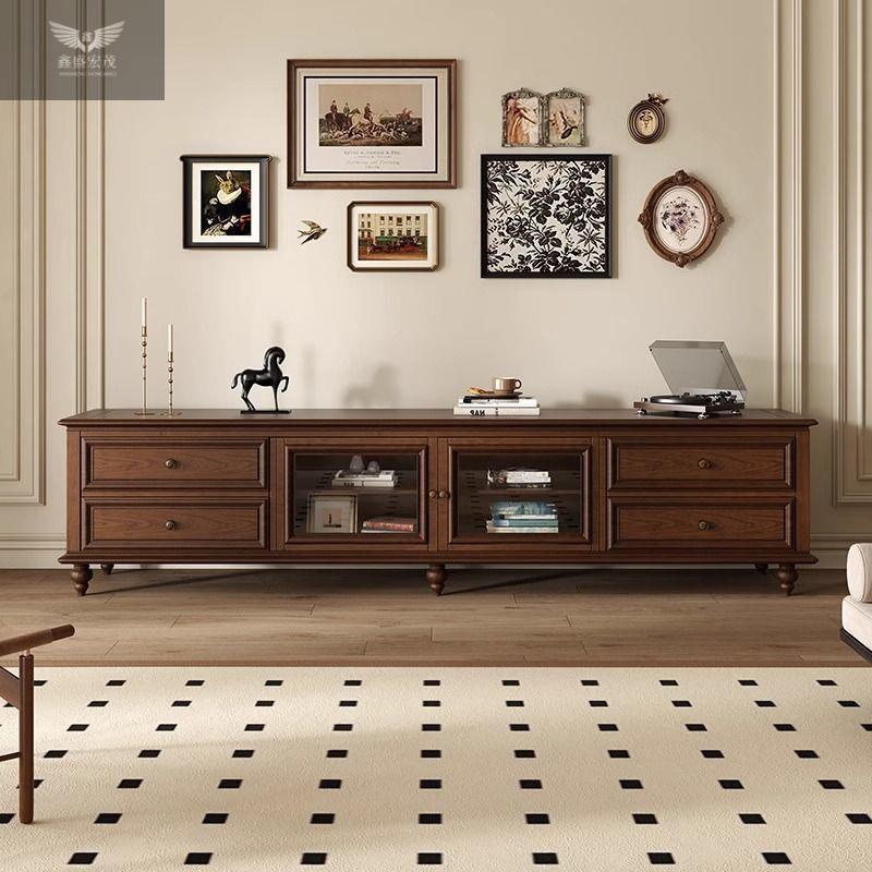 复古4中式古风胡桃美色轻奢落地电视柜洛根实木电视柜QCC2年新款