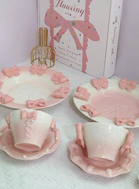 小公用主蝴蝶结餐套装陶瓷盘子家饭碗甜品水果QEN早餐盘盘i具ns可