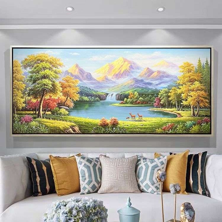 纯手绘油画现代美式客厅装饰画欧式山水风景金山聚宝盆新中式挂画