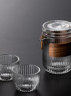 一壶两杯透明泡携具茶玻璃杯52319户外茶套快客杯茶水装分离便式