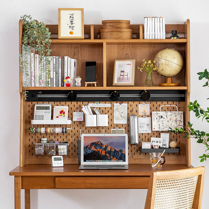 森植家具北欧实木桌面o书架书桌组合一体桌上收纳多层洞洞板置物