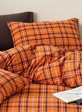 橙色格子中古风季全四件套秋全棉水洗棉床单棉简约加厚床guangyu