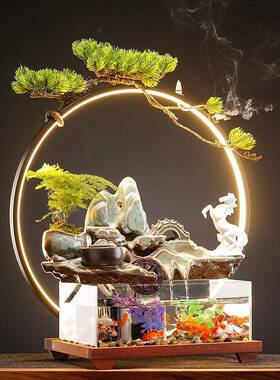 新NJA中式高山流水摆件鱼缸假山招客财新办业公室桌面厅乔迁居开