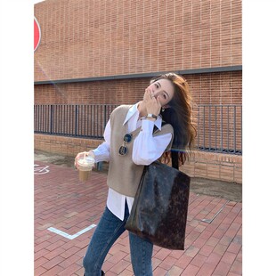 MULVAN 宽松V领毛织马甲背心女秋冬新款叠穿针织衫羊毛上衣