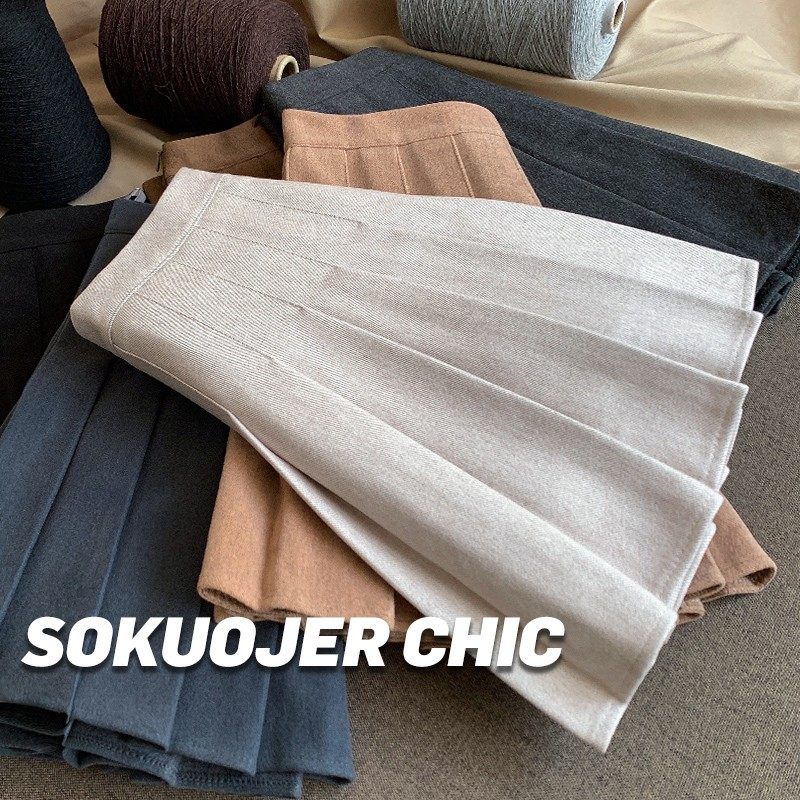 羊毛呢百褶裙女士春秋冬高腰显瘦学院风JK半身裙加厚大码a字短裙