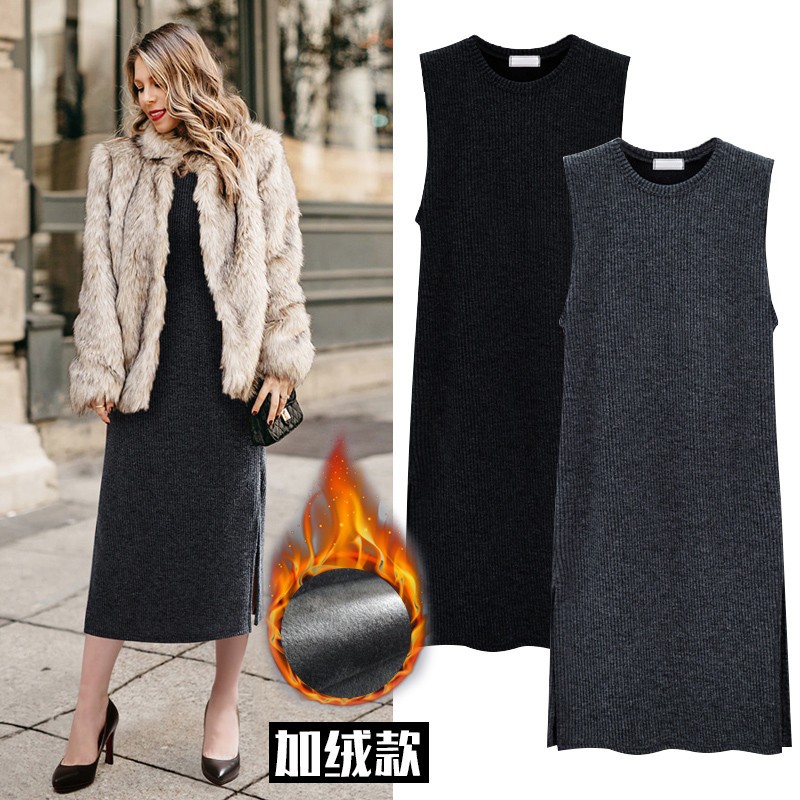 特大码女装200斤胖mm秋冬无袖针织连衣裙女中长款内搭打底背心裙
