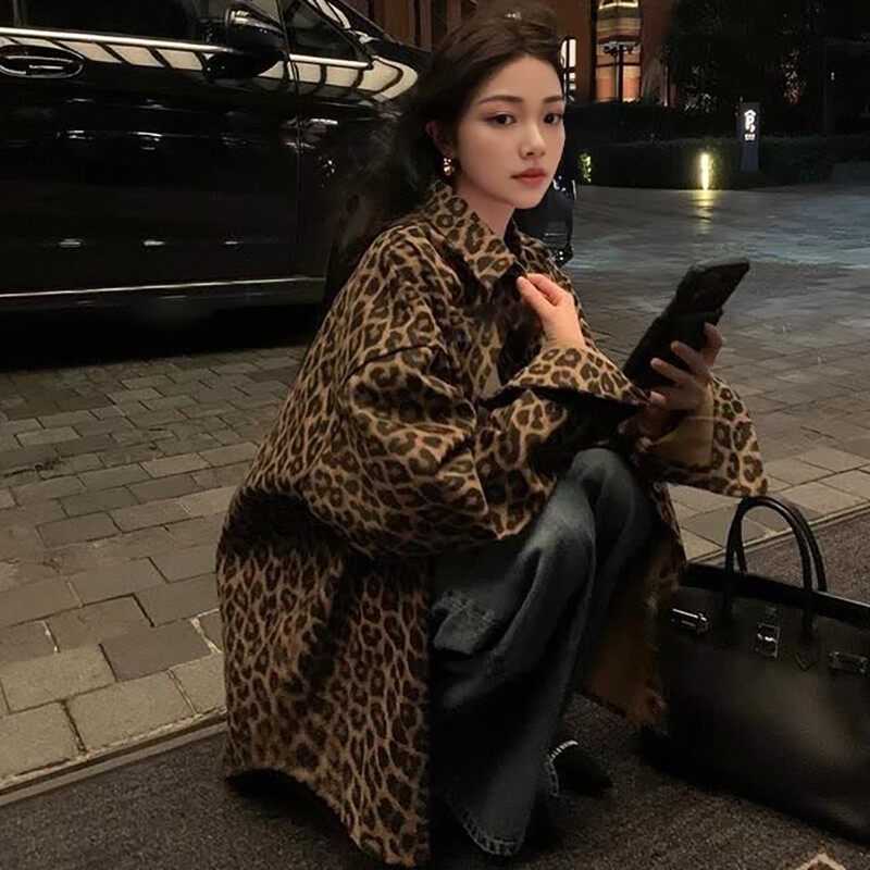 美式复古豹纹外套女秋季新款休闲宽松长袖牛仔棉衬衫韩版夹克上衣