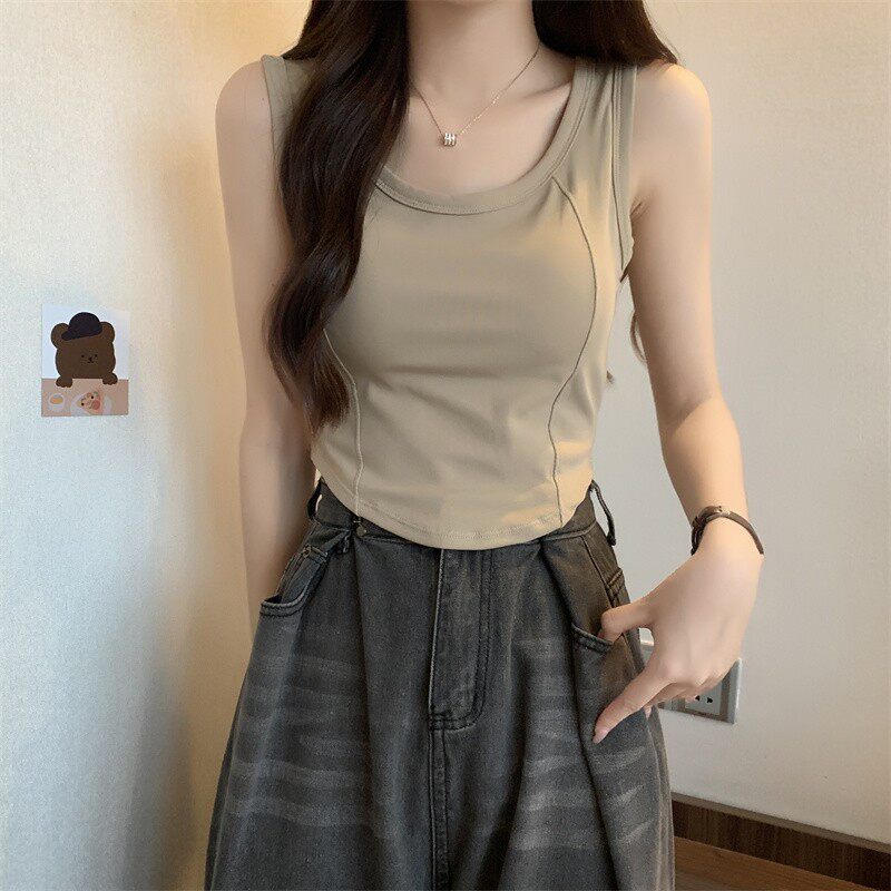 美式小吊带背心女外穿带胸垫夏季大尺码胖mm遮肚内搭不规则鱼骨上
