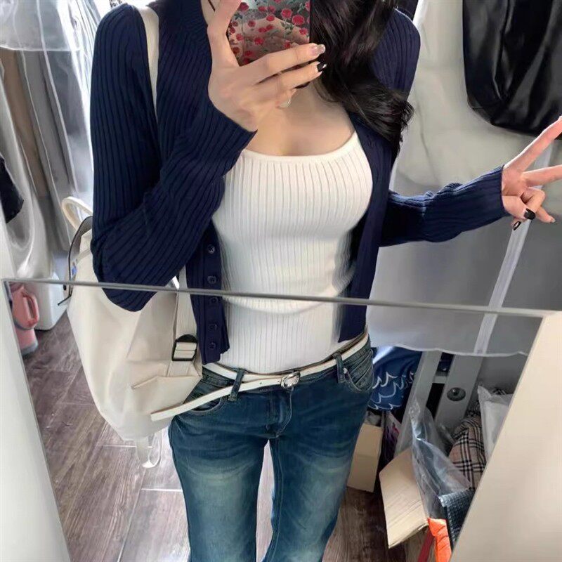 韩系藏青色开衫针织衫女春秋短款内搭叠穿吊带背心百搭两件套上衣