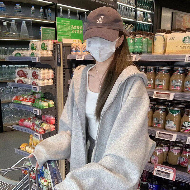 春季灰色开春外套女连帽卫衣2025新款拉链开衫宽松慵懒风休闲上衣