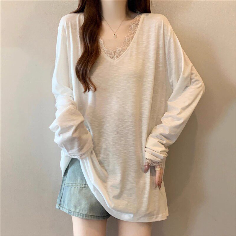 竹节棉白色正肩长袖T恤女2025夏薄大码胖mm欧货蕾丝V领中长款上衣