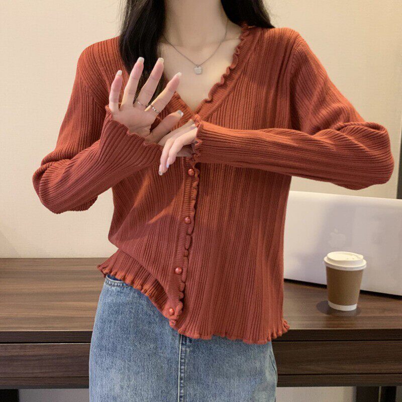 大码女装春秋木耳边v领内搭针织打底开衫胖mm遮肚子显瘦减龄上衣