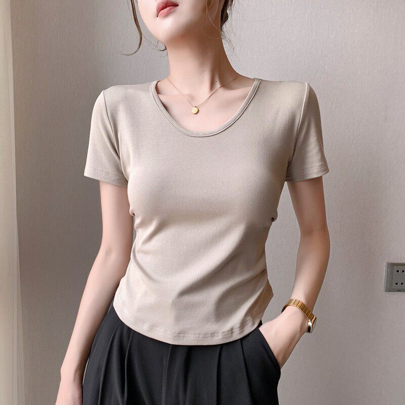 正肩t恤女短袖2025夏季V领纯棉体恤设计感小众修身褶皱收腰上衣