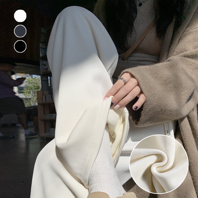 白色灯芯绒阔腿裤女春秋季高腰宽松小个子直筒休闲美拉德加绒裤子