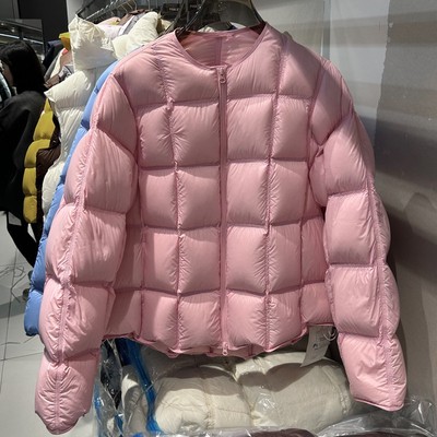 圆领羽绒服女款2024冬季新款加厚云朵方格中长款白鸭绒外套87232