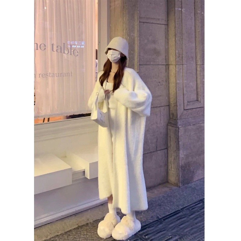 白色仿水貂绒中长款奶fufu毛衣针织开衫外套女秋冬宽松早春装大衣