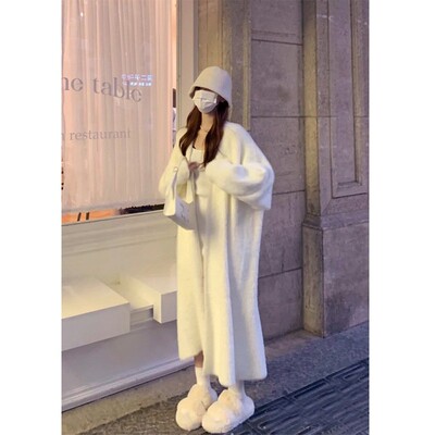 白色仿水貂绒中长款奶fufu毛衣针织开衫外套女秋冬宽松早春装大衣