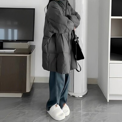 灰色羽绒服女设计感2024新款小个子中长款宽松90白鸭绒冬季厚外套