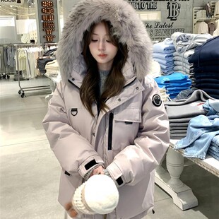 白鸭绒加厚派克服外套冬反季 冰晶紫色大毛领工装 羽绒服女2025新款