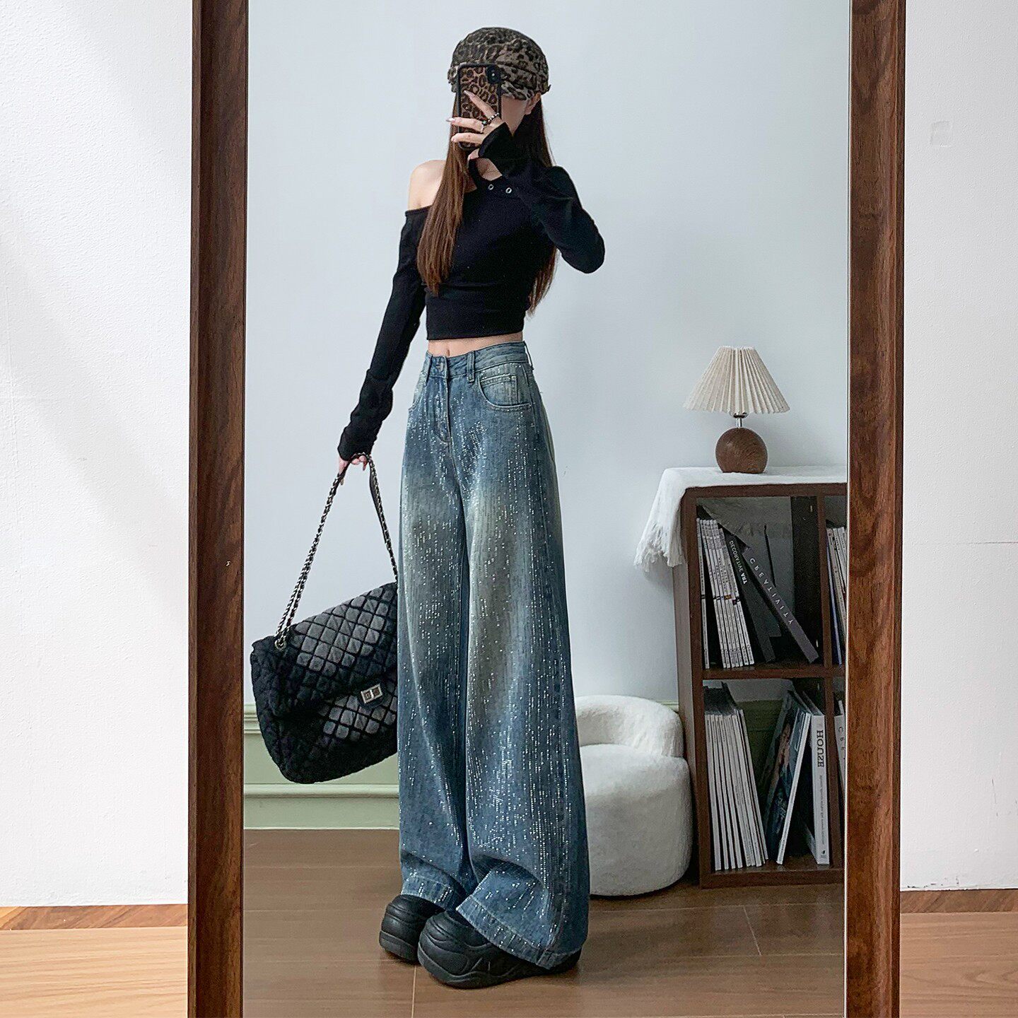 复古蓝烫钻阔腿牛仔裤女2025秋冬新款高腰宽松显瘦小个子直筒裤子