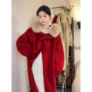 小魔女红色大毛领狐狸毛冬季双面羊绒大衣女小个子中长款毛呢外套