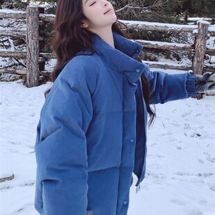 蓝色韩系短款灯芯绒羽绒服女2025冬季小个子保暖厚实90白鸭绒外套