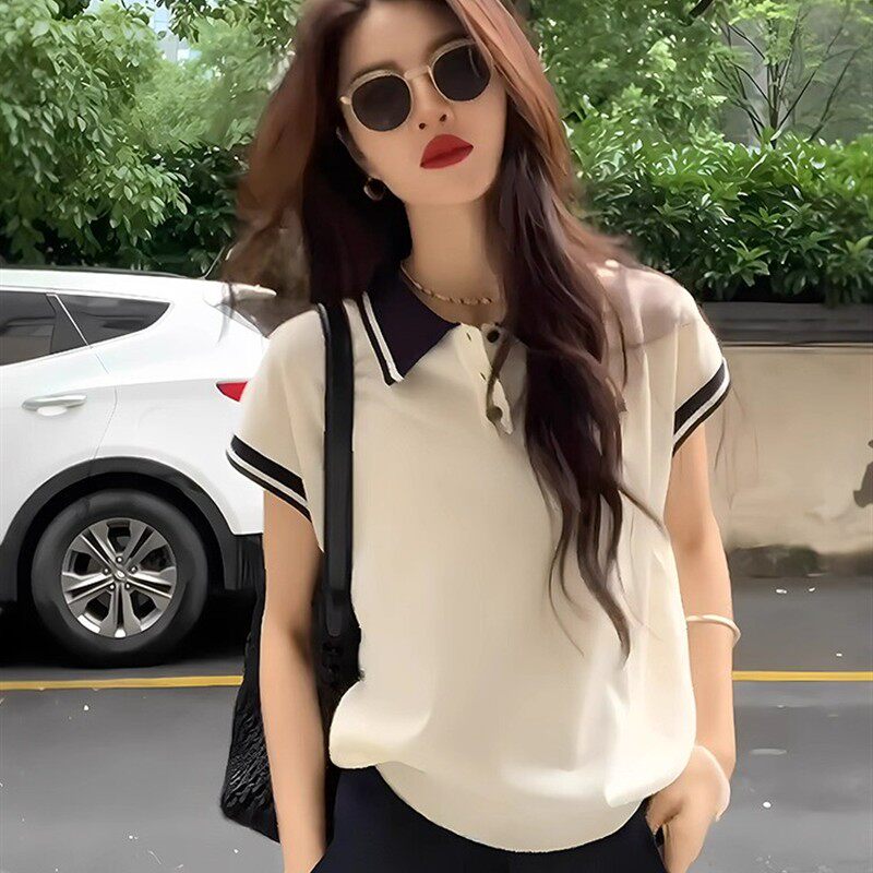 小个子白色polo领针织冰丝飞飞袖短款上衣巨好看正肩短袖t恤女夏