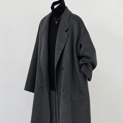 25秋冬新款黑灰色双面羊绒大衣女中长款宽松慵懒风高端羊毛呢外套