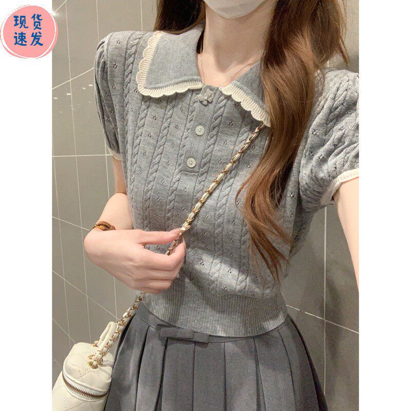 法式夏季甜美麻花短款娃娃领t恤女设计感针织小衫短袖学院风上衣
