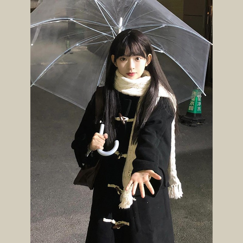 黑色牛角扣毛呢外套女中长款小个子2024新款冬季韩系羊绒呢子大衣