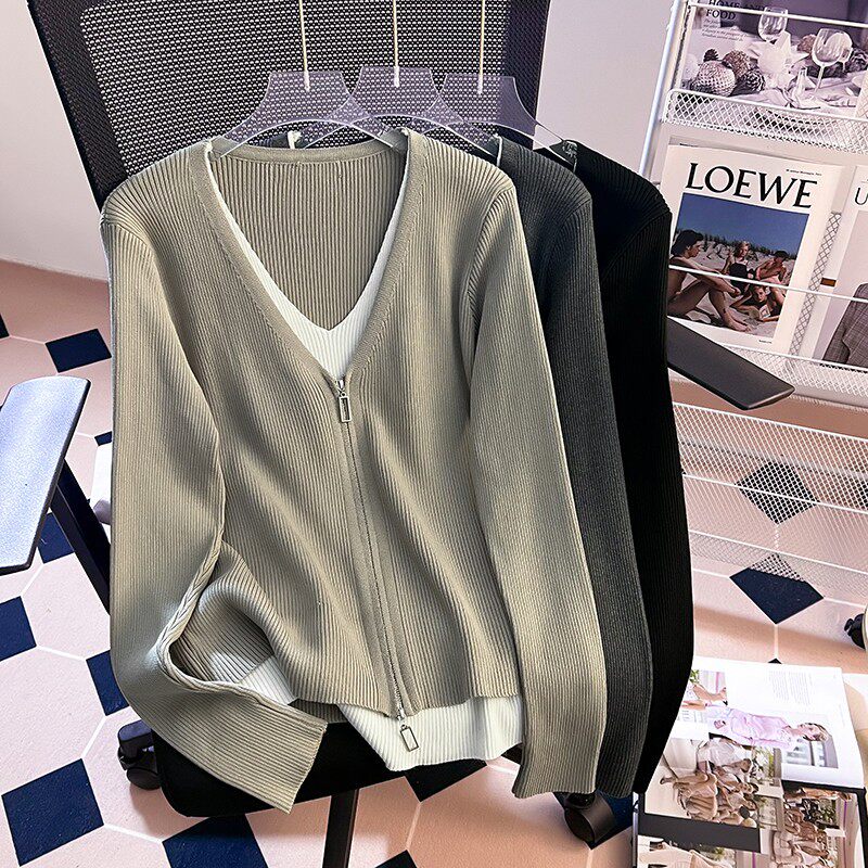 2025早秋秋新款大码女装显瘦上衣欧货胖mm假两件遮肚针织开衫外套