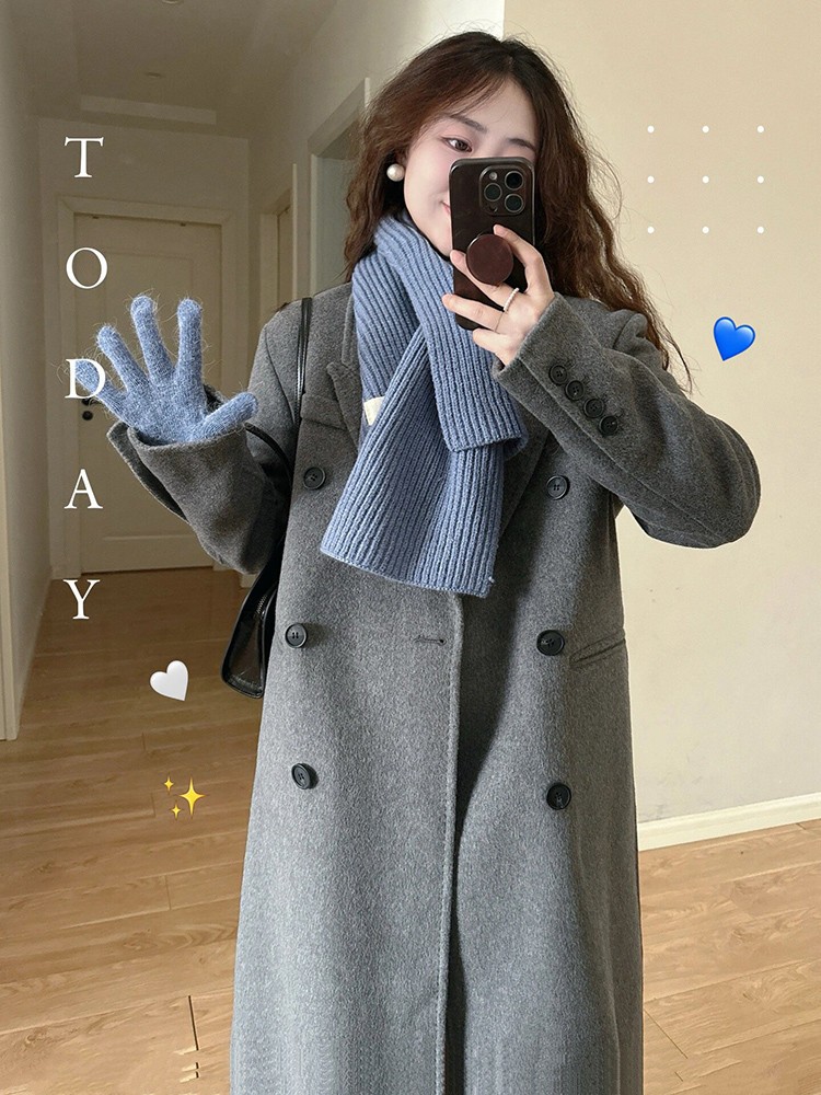 灰色羊绒呢子大衣女中长款2024新款秋冬季加厚高级感正肩毛呢外套