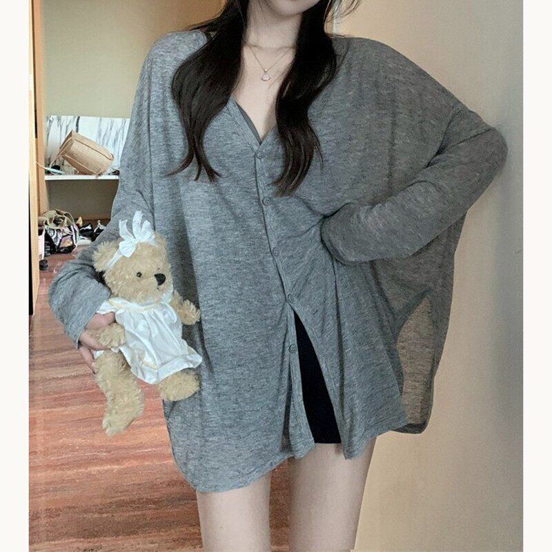 设计感慵懒风灰色开叉冰丝亚麻针织开衫女夏薄款防晒外套空调罩衫