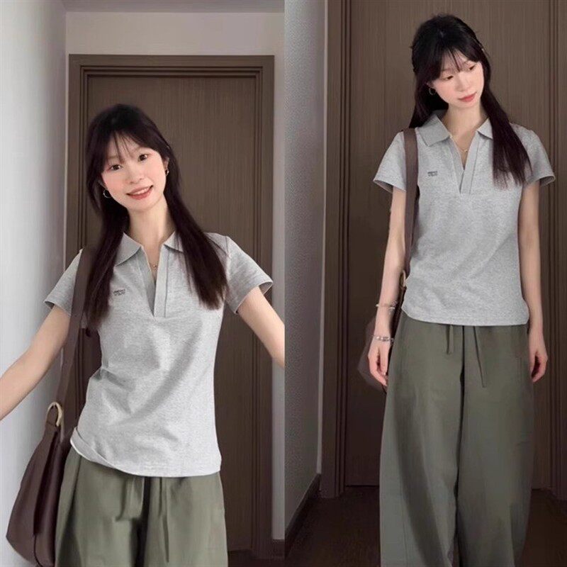 美式复古POLO衫灰色正肩短袖t恤女夏季2025新款设计感小众V领上衣
