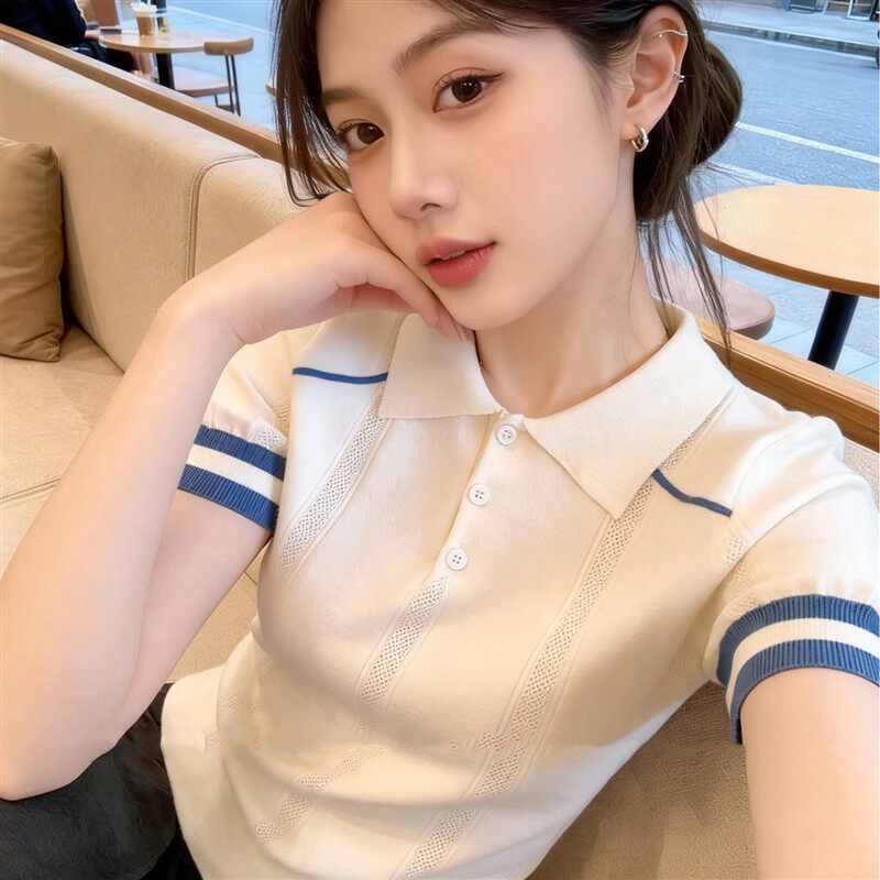 白色冰丝条纹polo领针织衫短袖女夏季薄款小个子正肩t恤翻领上衣
