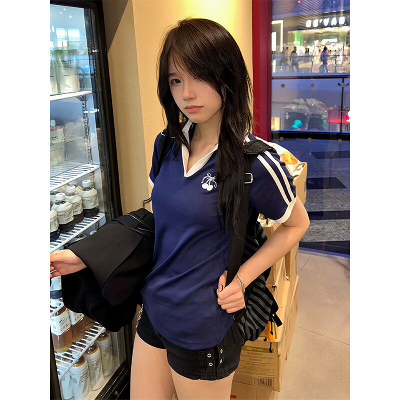 学院风辣妹polo领短袖女夏季新款樱桃印花撞色t恤修身显瘦上衣tee