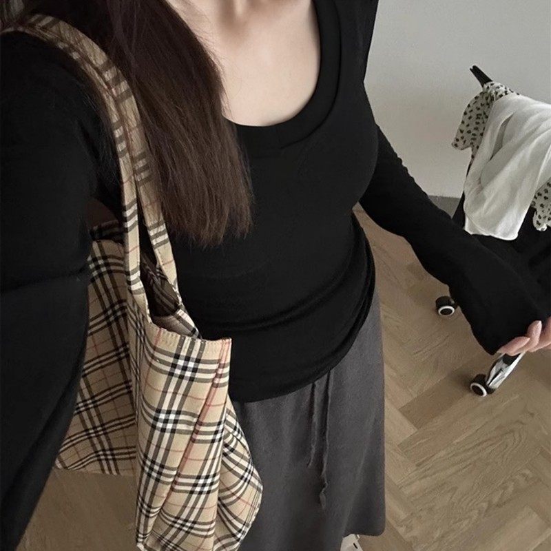 黑色U领纯棉正肩长袖t恤女春秋冬2025新款修身显瘦内搭打底衫上衣