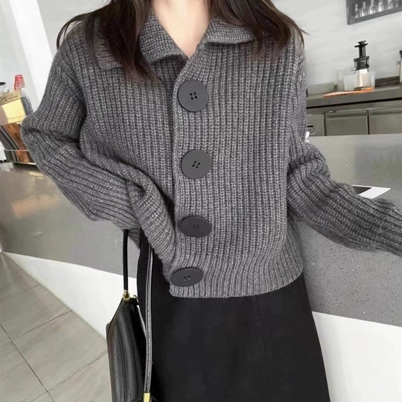 大翻领100纯山羊绒开衫女秋冬加厚宽松慵懒欧货高端粗线毛衣外套