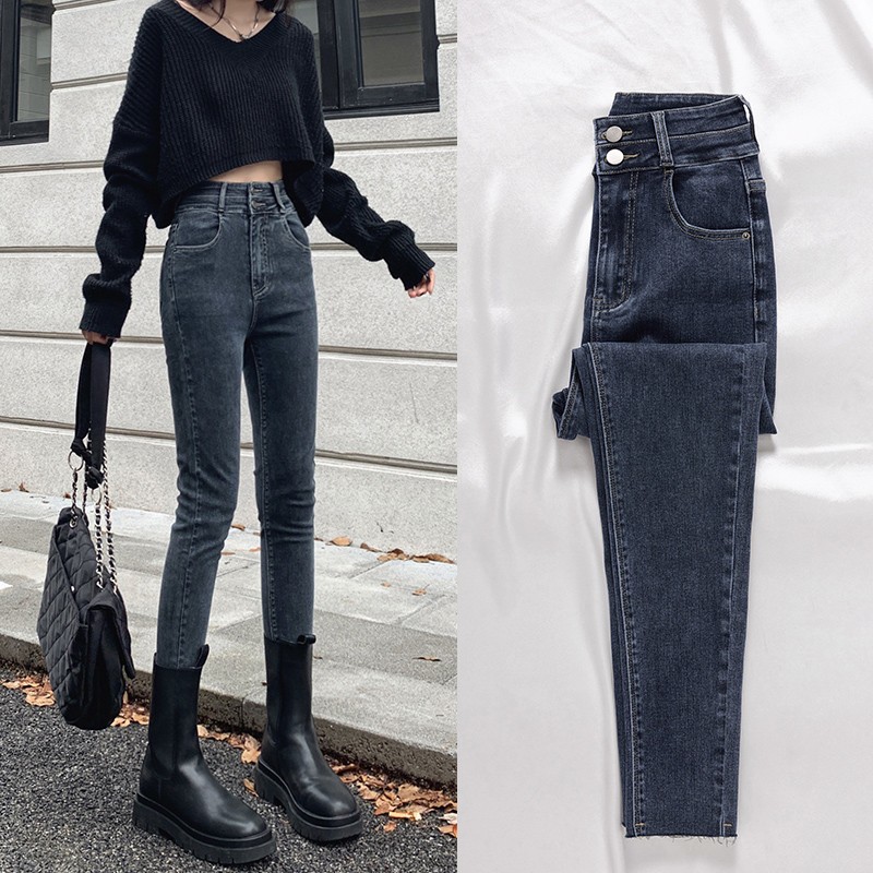 高腰小脚牛仔裤女2025年春季新款蓝灰色修身显瘦紧身铅笔裤子