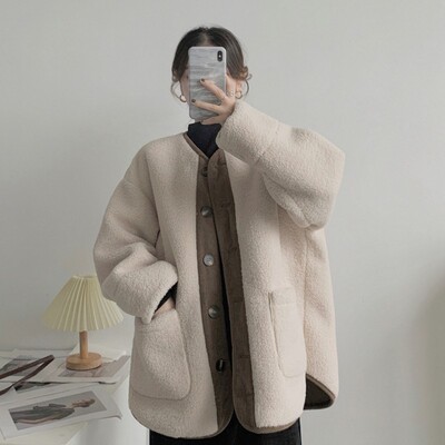 羊羔毛外套女2024年冬季新款小个子宽松加厚皮毛一体鹿皮绒中长款