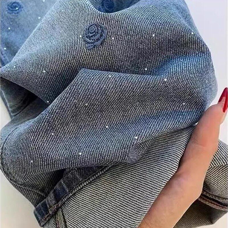覆古刺绣烫钻牛仔裤女春秋高腰显瘦窄版直筒裤垂感高级感阔腿裤子