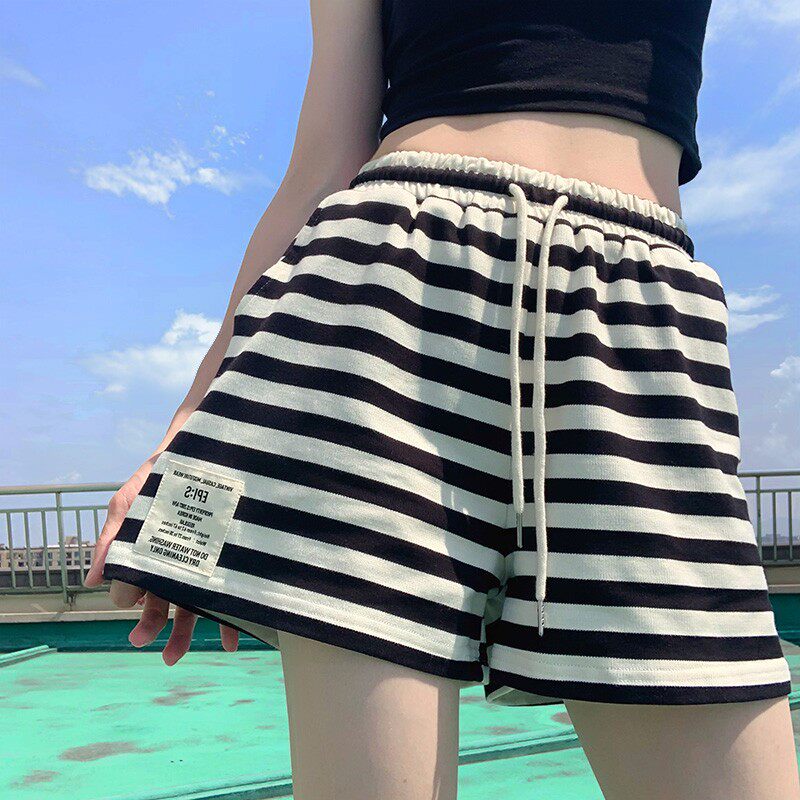 黑白条纹休闲A字短裤女2025年夏季贴布松紧腰抽绳宽松百搭阔腿裤