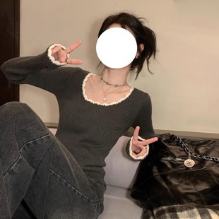 复古气质撞色打底针织衫女春秋内搭高级感锁骨大圆领上衣修身毛衣