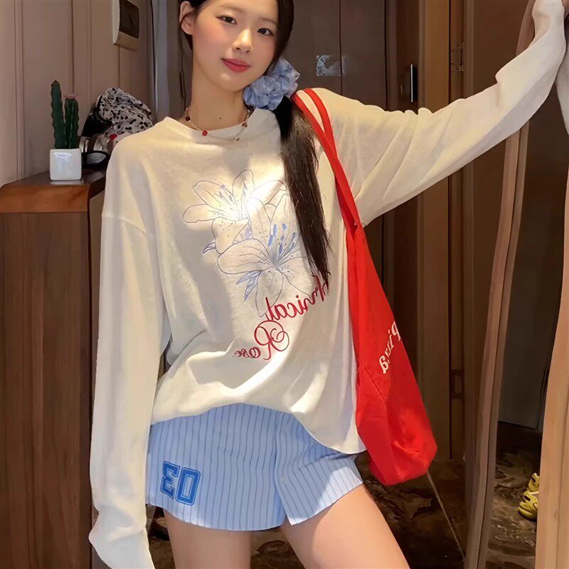 慵懒风休闲长袖圆领印花T恤女夏季宽松显瘦防晒罩衫白色薄款上衣