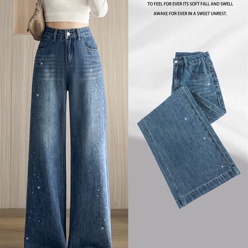 烫钻阔腿牛仔裤女春秋2025年新款覆古高腰宽松小个子窄版直筒裤子